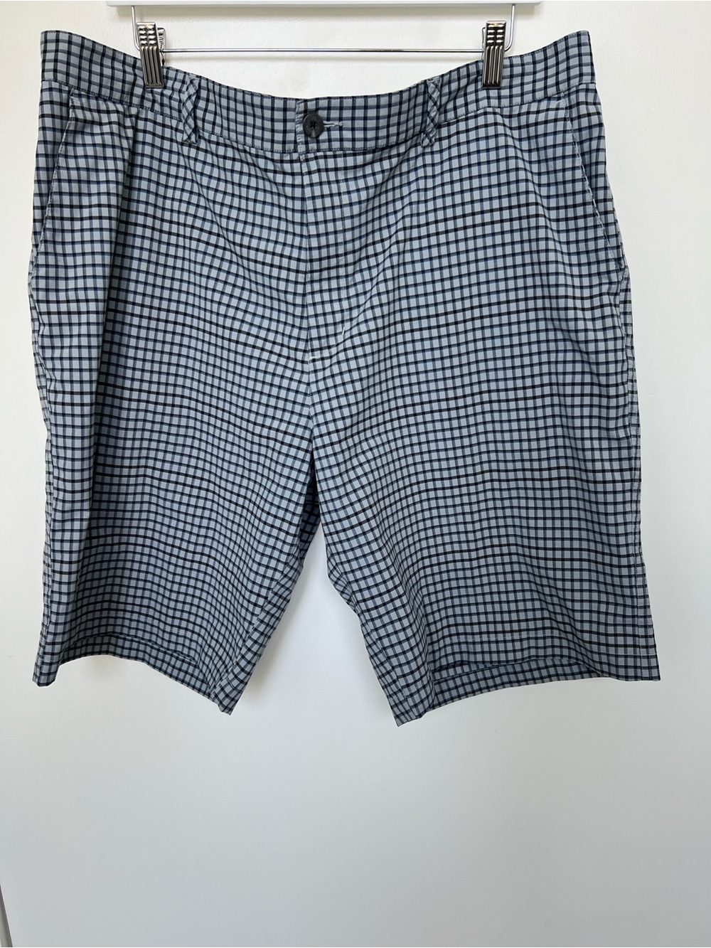 adidas Men's Light Blue and Navy Check Flat Front golf Shorts